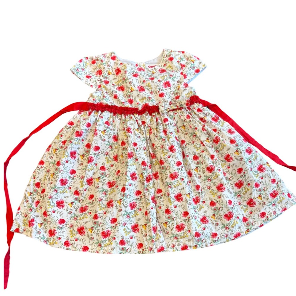 OshKosh B'gosh Girls Floral Print Dress Red Ribbon Waist Short Sleeve Size Large